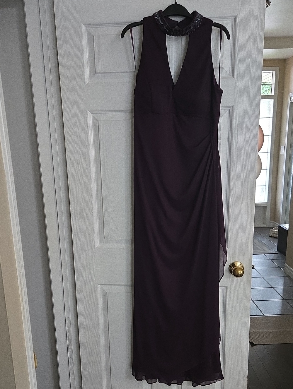 Xscape Beaded Halter Maxi Gown in Plum